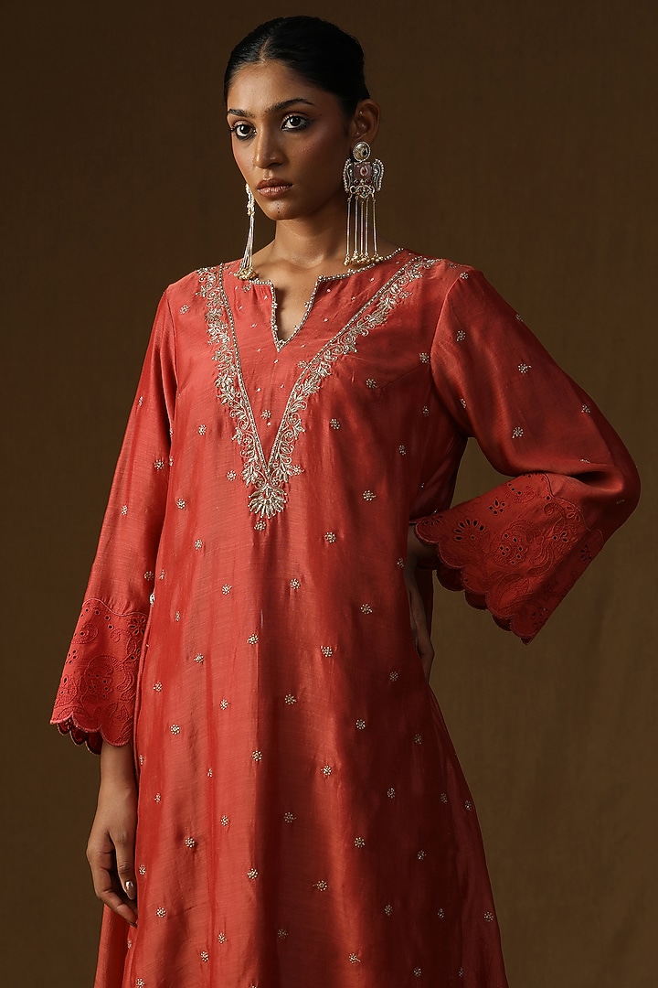 Orange Mul Chanderi Embroidered A-Line Kurta Set by Arpita Sulakshana at Pernia's Pop Up Shop
