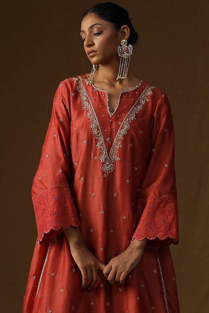 Orange Mul Chanderi Embroidered A-Line Kurta Set by Arpita Sulakshana at Pernia's Pop Up Shop