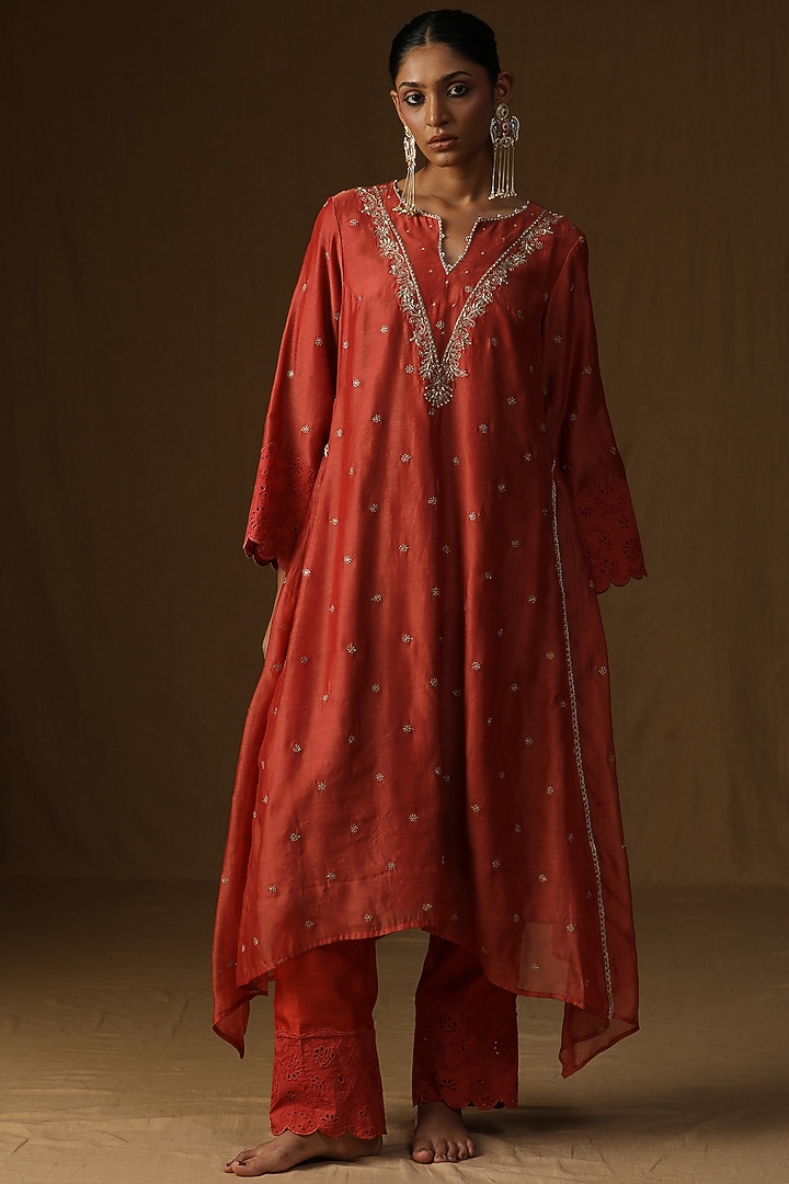 Orange Mul Chanderi Embroidered A-Line Kurta Set by Arpita Sulakshana at Pernia's Pop Up Shop