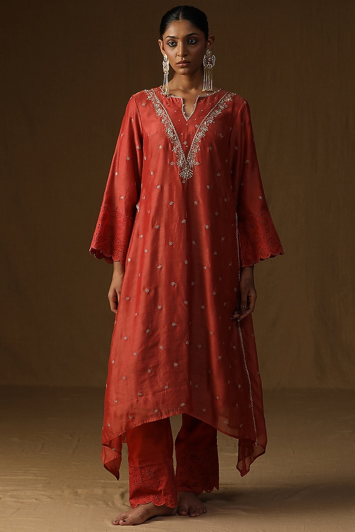 Orange Mul Chanderi Embroidered A-Line Kurta Set by Arpita Sulakshana at Pernia's Pop Up Shop