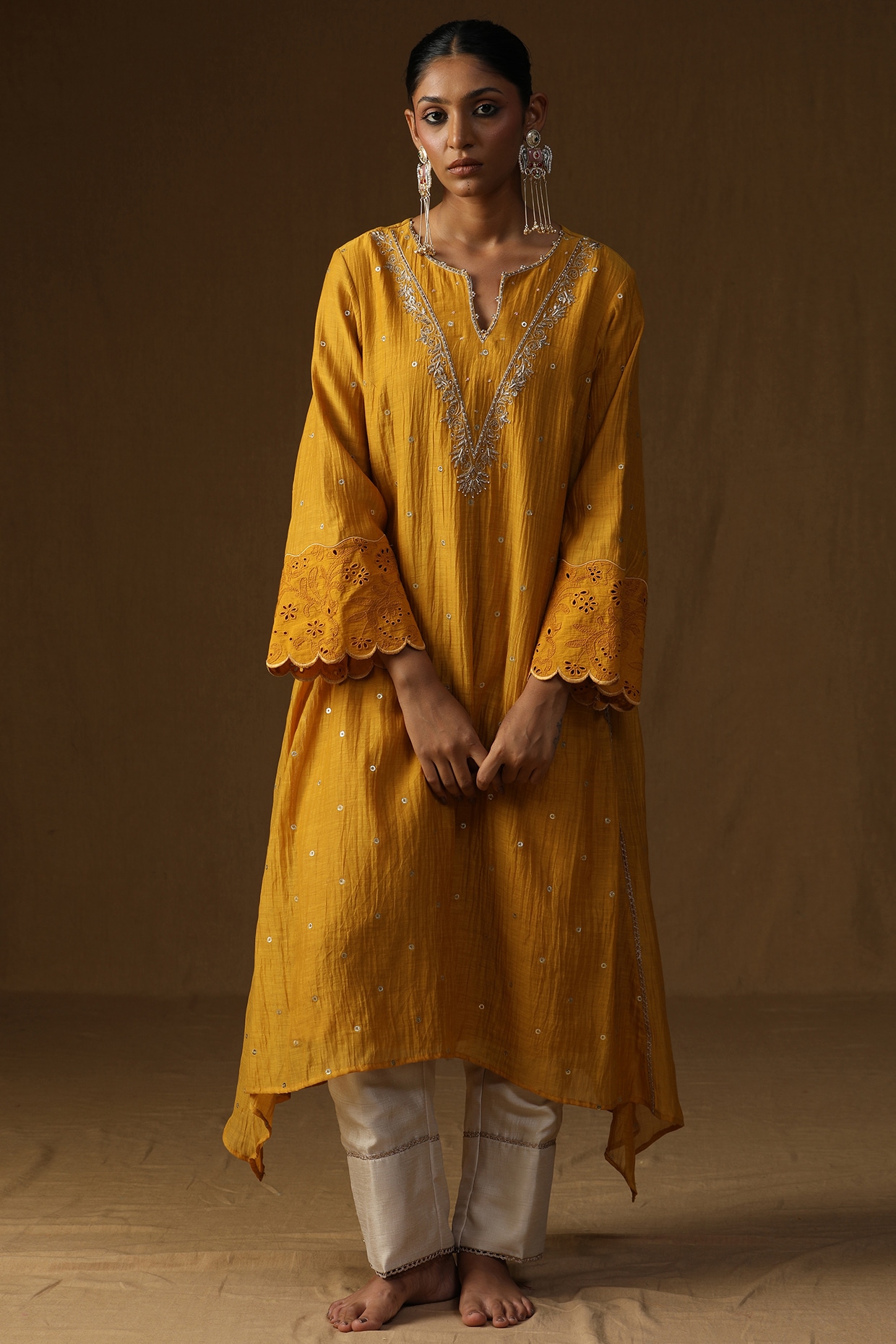 Arpita Sulakshana Mustard Mul Chanderi Embroidered A-Line Kurta Set
