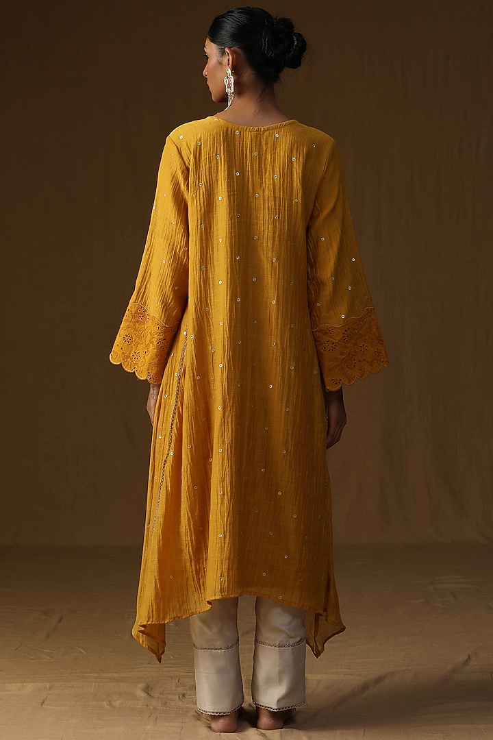 Mustard Mul Chanderi Embroidered A-Line Kurta Set by Arpita Sulakshana at Pernia's Pop Up Shop