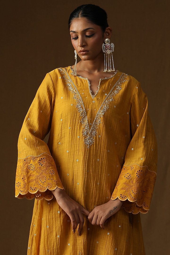 Mustard Mul Chanderi Embroidered A-Line Kurta Set by Arpita Sulakshana at Pernia's Pop Up Shop