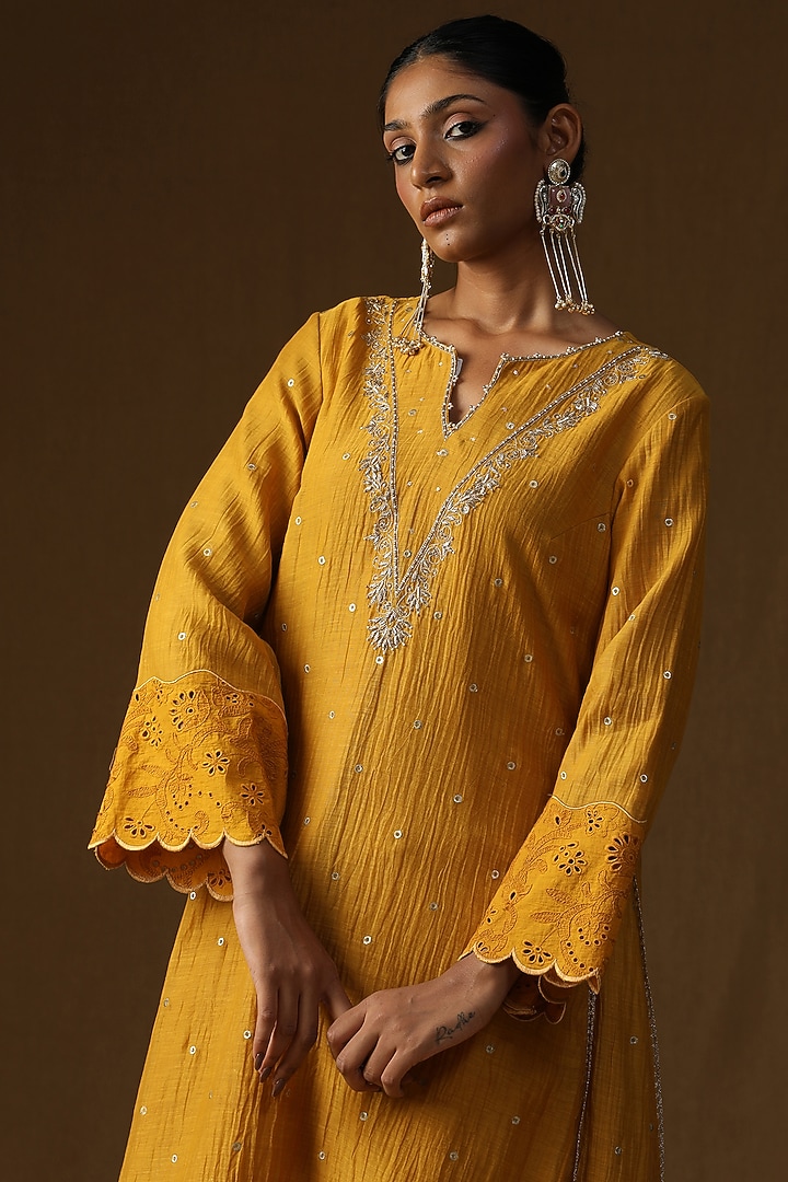 Mustard Mul Chanderi Embroidered A-Line Kurta Set by Arpita Sulakshana at Pernia's Pop Up Shop