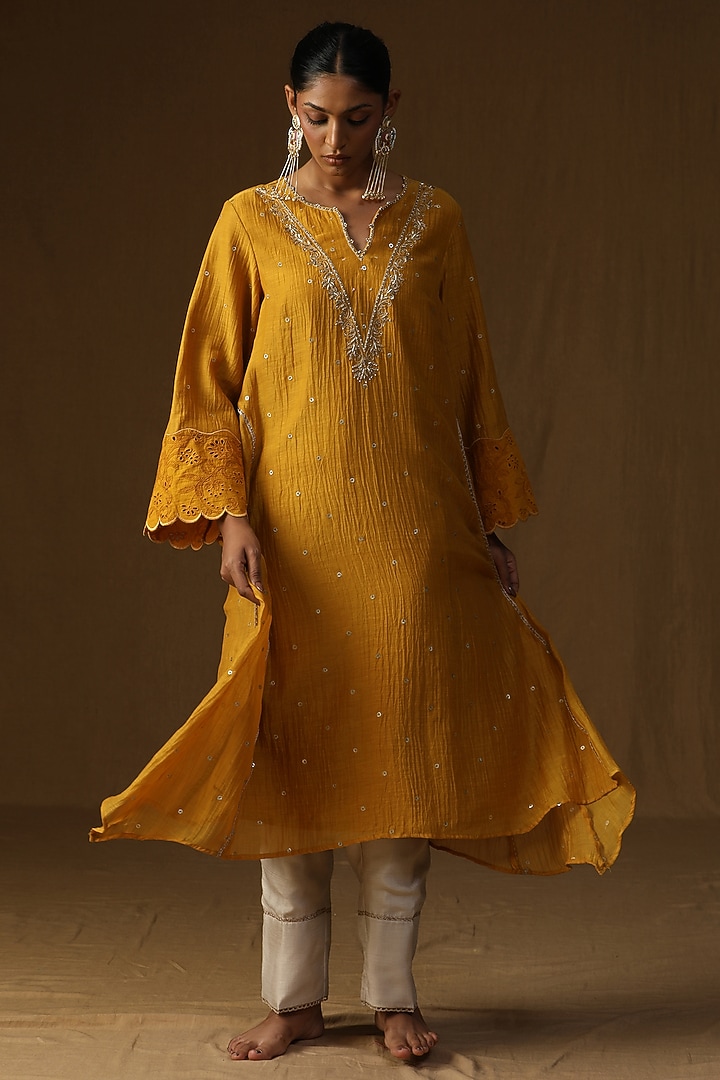 Mustard Mul Chanderi Embroidered A-Line Kurta Set by Arpita Sulakshana at Pernia's Pop Up Shop