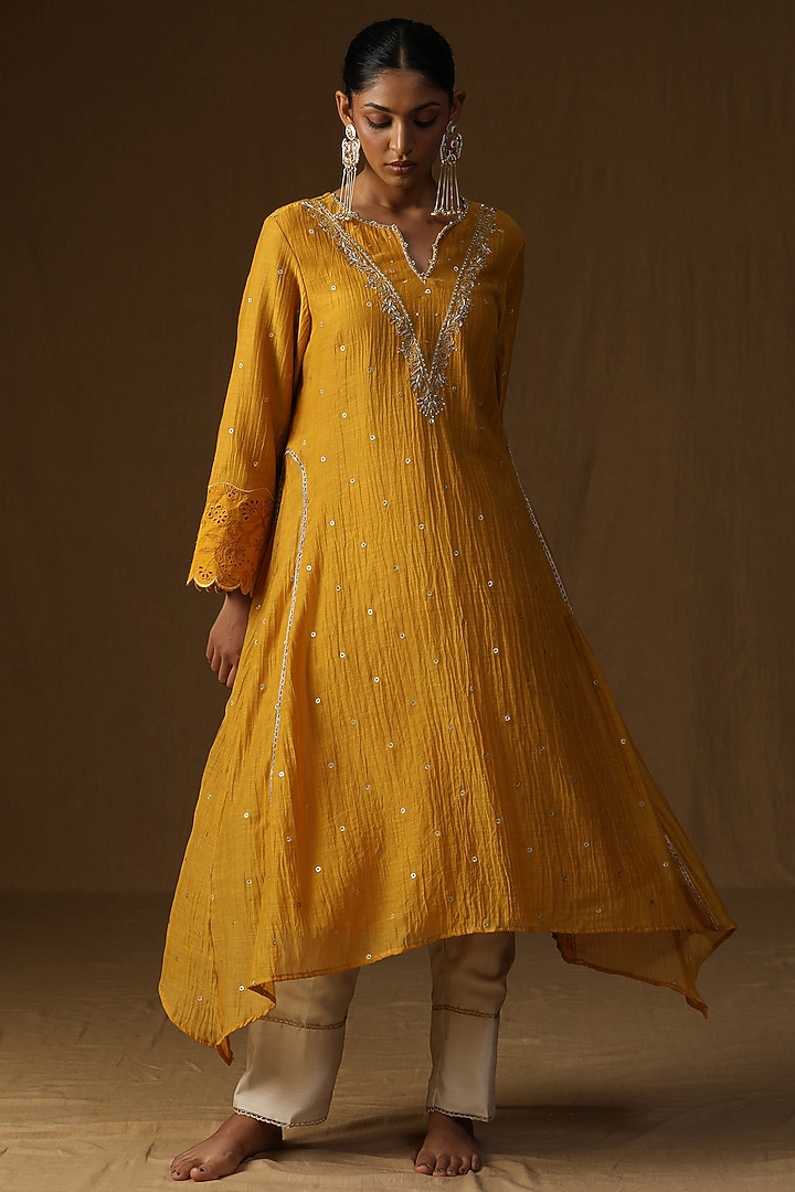 Mustard Mul Chanderi Embroidered A-Line Kurta Set by Arpita Sulakshana at Pernia's Pop Up Shop