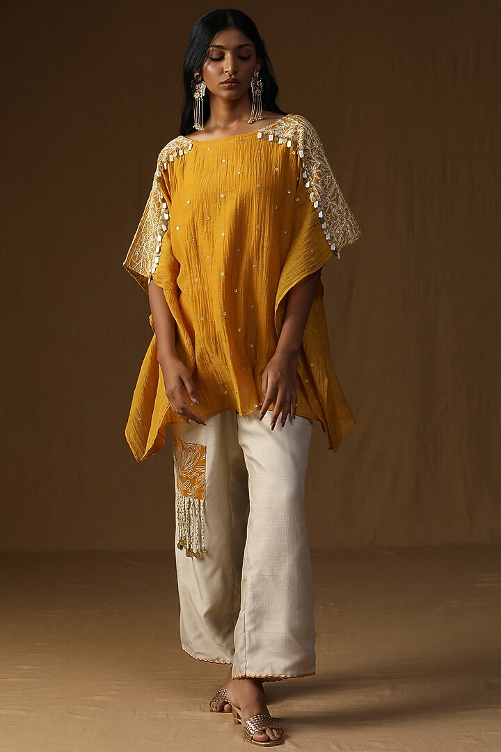 Yellow Mal Chanderi Dori Embroidered Kurta Set by Arpita Sulakshana at Pernia's Pop Up Shop