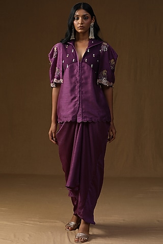 Purple Summer Silk Embroidered & Hand Painted Draped Skirt Set by Arpita Sulakshana
