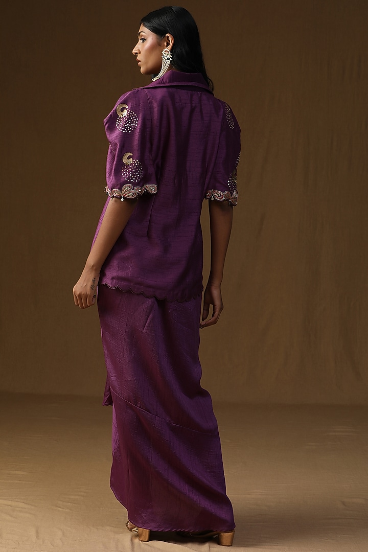 Purple Summer Silk Embroidered & Hand Painted Draped Skirt Set by Arpita Sulakshana at Pernia's Pop Up Shop