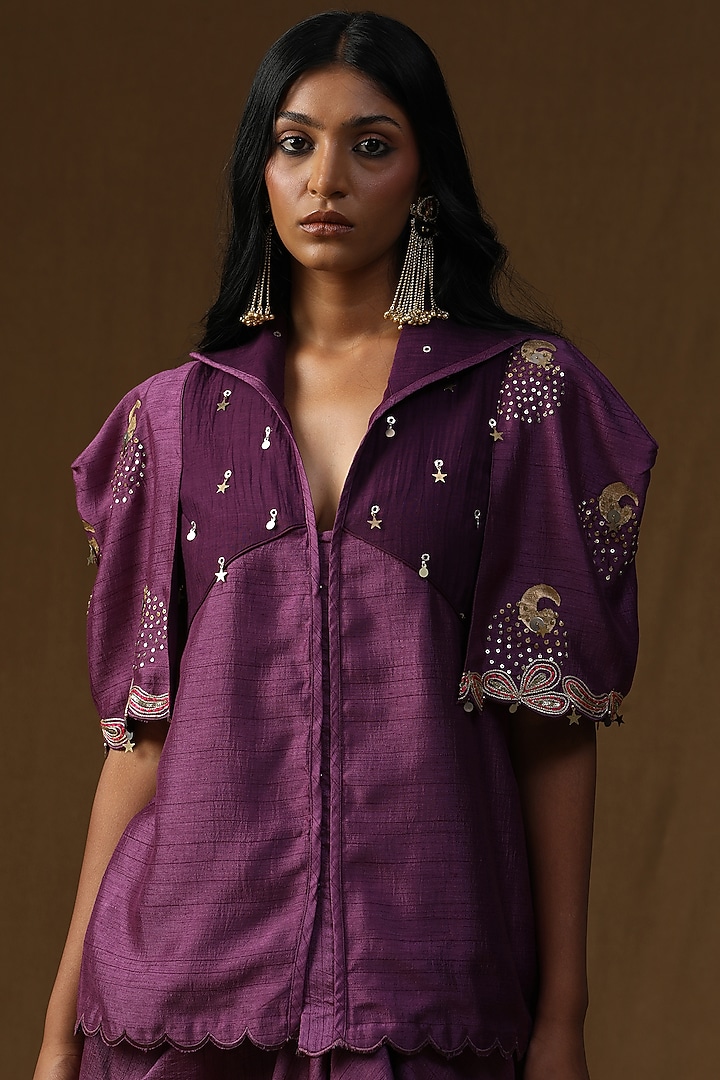 Purple Summer Silk Embroidered & Hand Painted Draped Skirt Set by Arpita Sulakshana at Pernia's Pop Up Shop