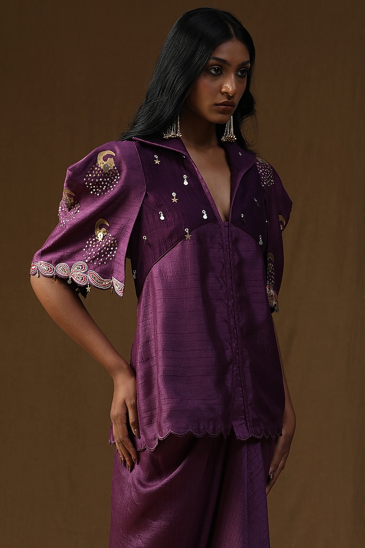 Purple Summer Silk Embroidered & Hand Painted Draped Skirt Set by Arpita Sulakshana at Pernia's Pop Up Shop