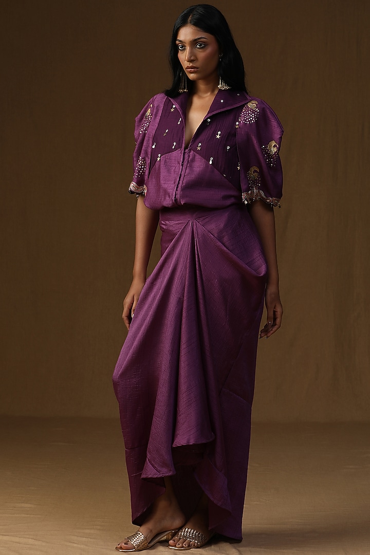 Purple Summer Silk Embroidered & Hand Painted Draped Skirt Set by Arpita Sulakshana at Pernia's Pop Up Shop
