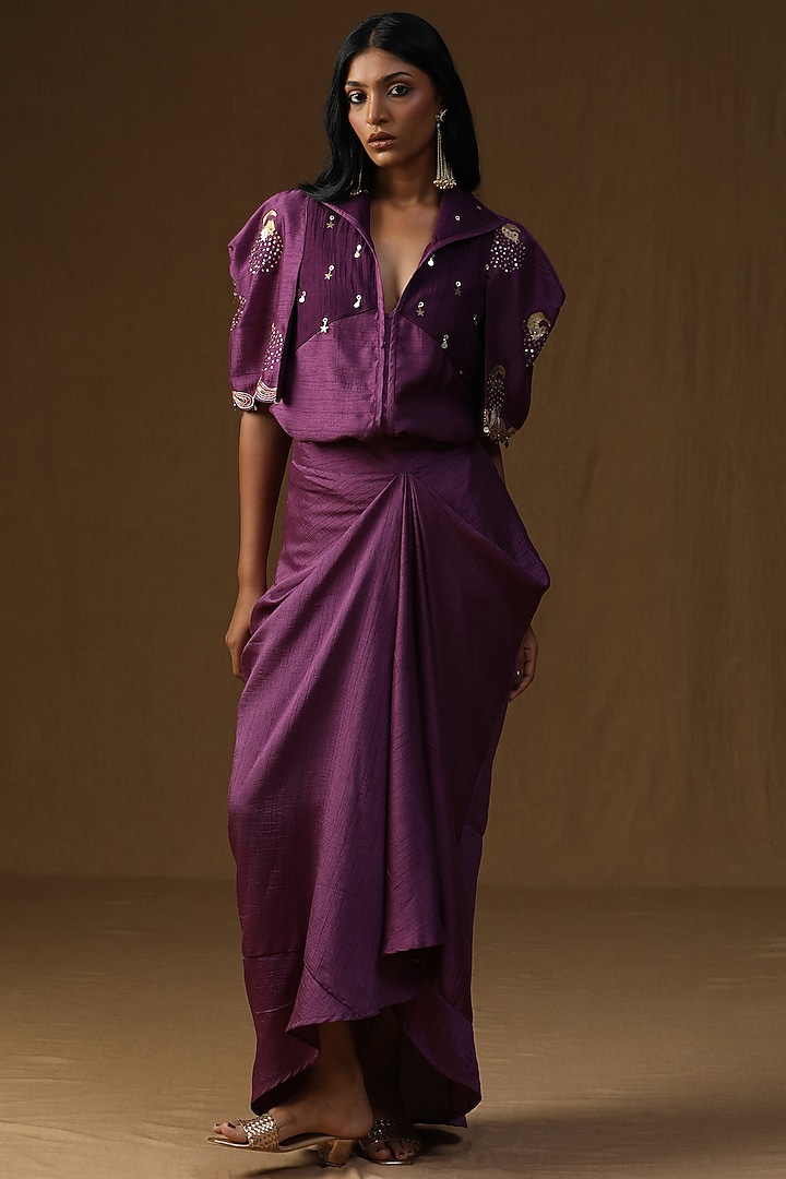 Purple Summer Silk Embroidered & Hand Painted Draped Skirt Set by Arpita Sulakshana at Pernia's Pop Up Shop