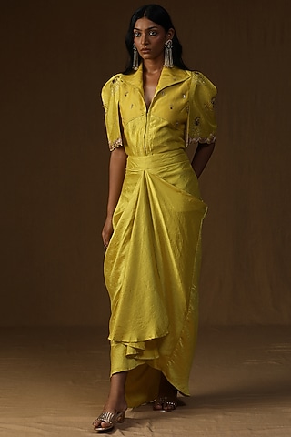 Neon Green Summer Silk Embroidered & Hand Painted Draped Skirt Set by Arpita Sulakshana