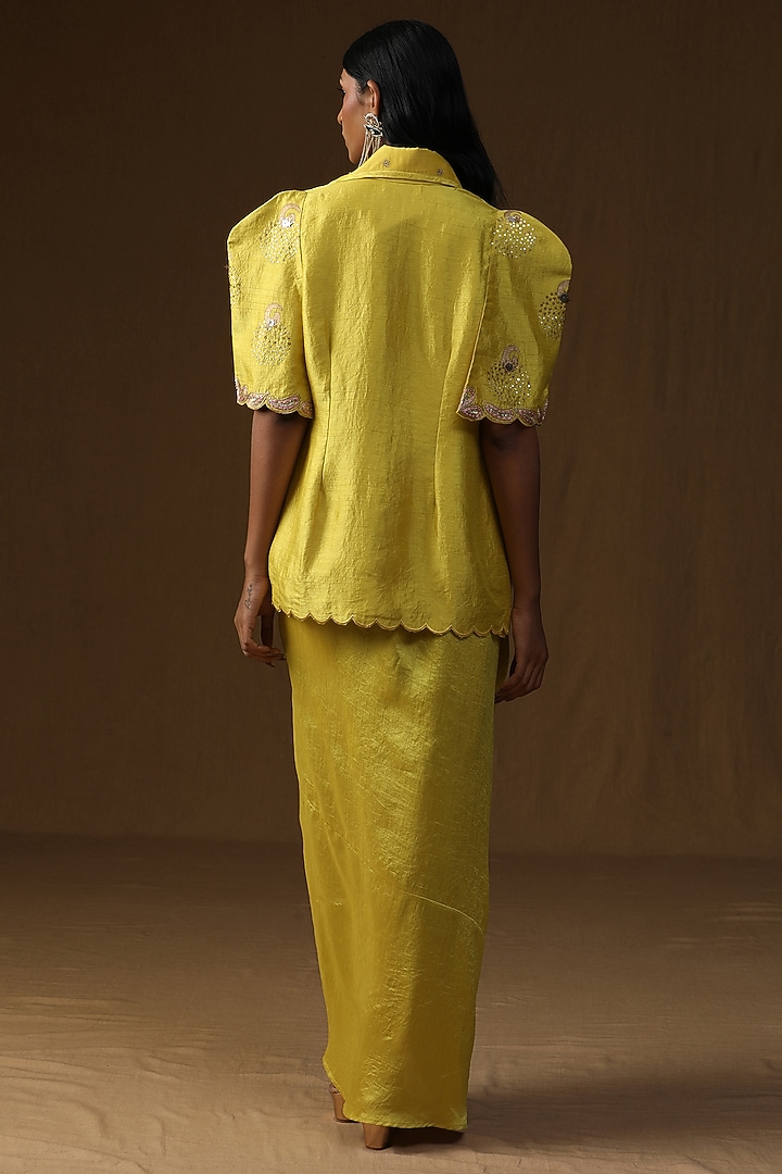 Neon Green Summer Silk Embroidered & Hand Painted Draped Skirt Set by Arpita Sulakshana at Pernia's Pop Up Shop