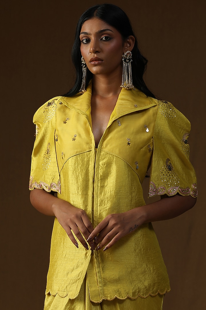 Neon Green Summer Silk Embroidered & Hand Painted Draped Skirt Set by Arpita Sulakshana at Pernia's Pop Up Shop