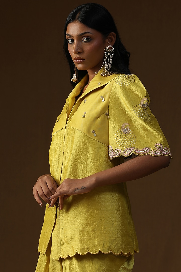 Neon Green Summer Silk Embroidered & Hand Painted Draped Skirt Set by Arpita Sulakshana at Pernia's Pop Up Shop