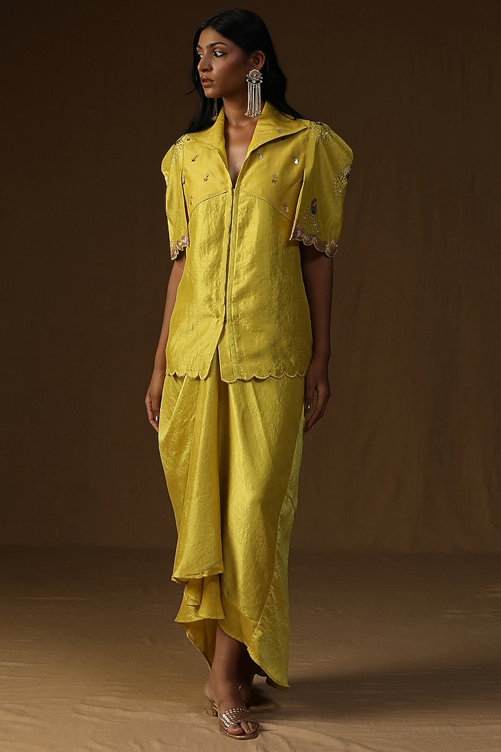 Neon Green Summer Silk Embroidered & Hand Painted Draped Skirt Set by Arpita Sulakshana at Pernia's Pop Up Shop