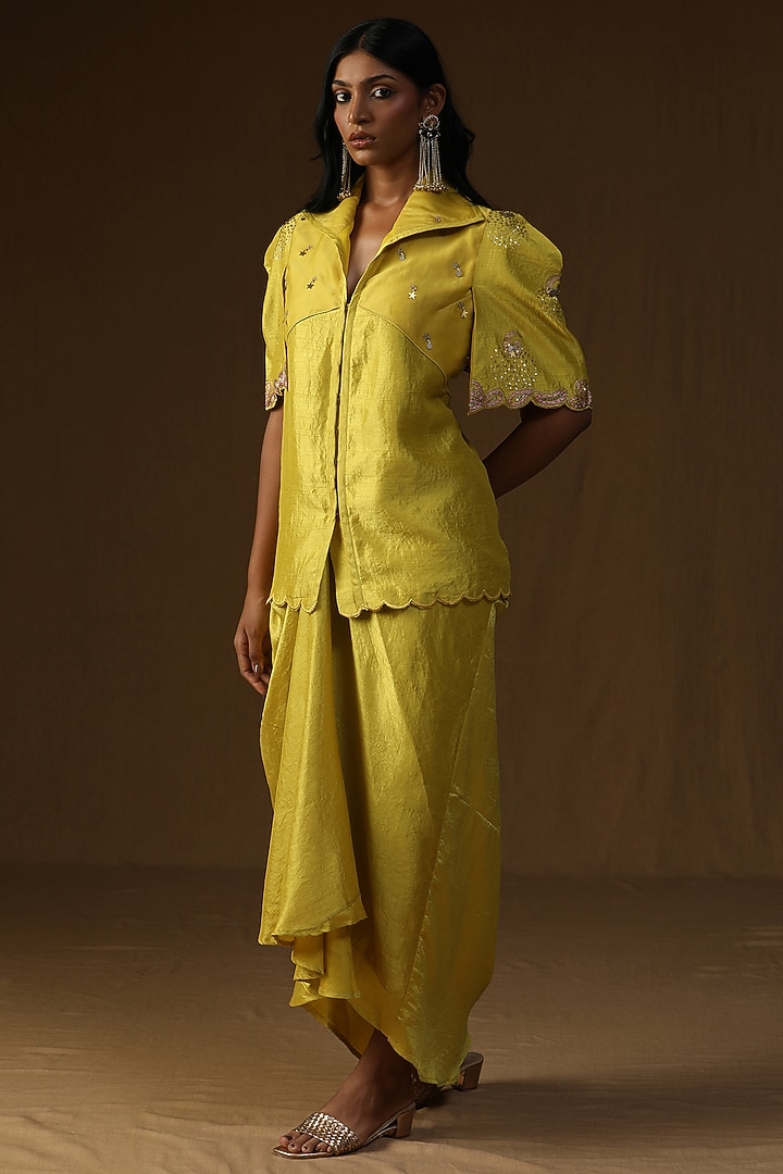 Neon Green Summer Silk Embroidered & Hand Painted Draped Skirt Set by Arpita Sulakshana at Pernia's Pop Up Shop