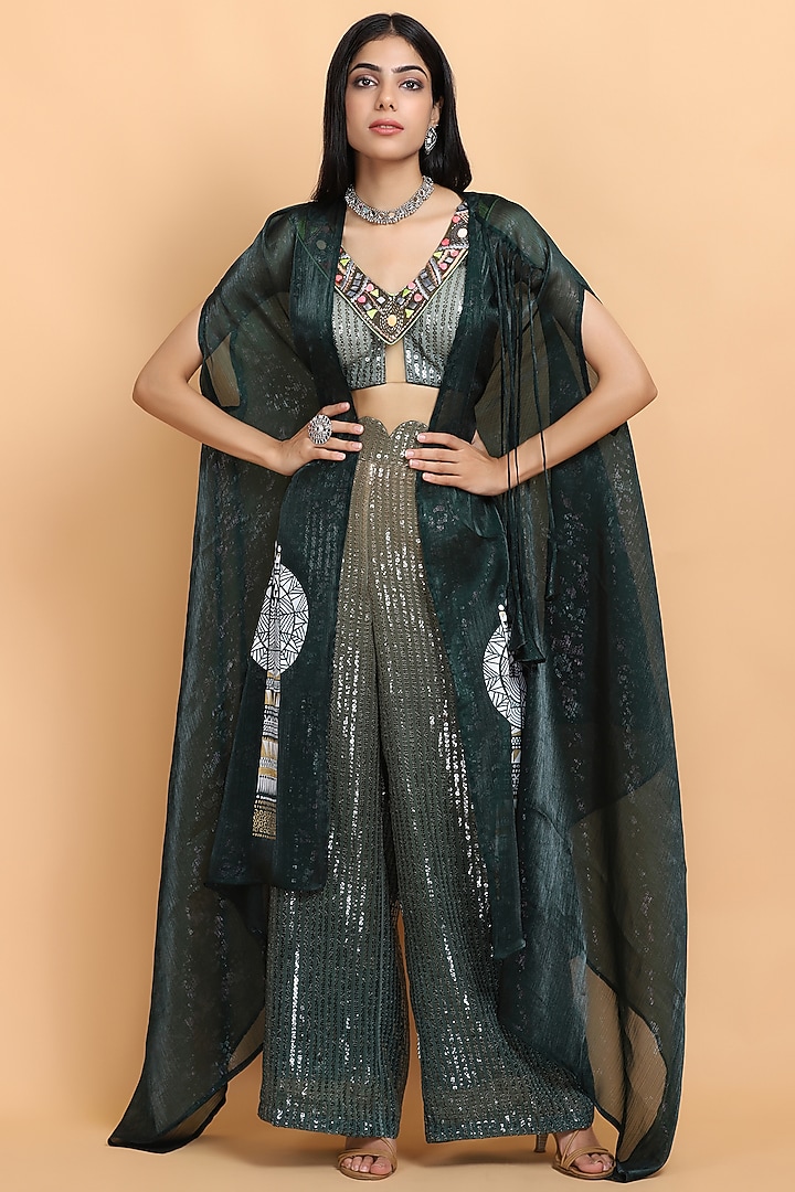 Emerald Green Hand Painted Cape Set by Arpita Sulakshana at Pernia's Pop Up Shop