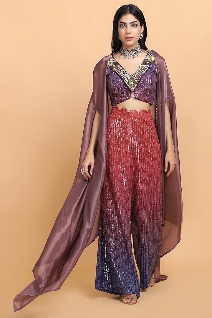 Dusty Mauve Organza Hand Painted Cape Set by Arpita Sulakshana at Pernia's Pop Up Shop
