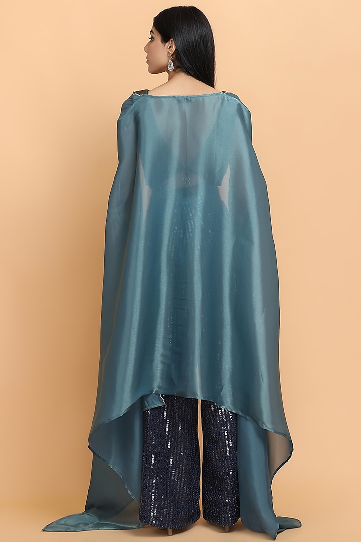Teal Blue Hand Painted Cape Set by Arpita Sulakshana at Pernia's Pop Up Shop