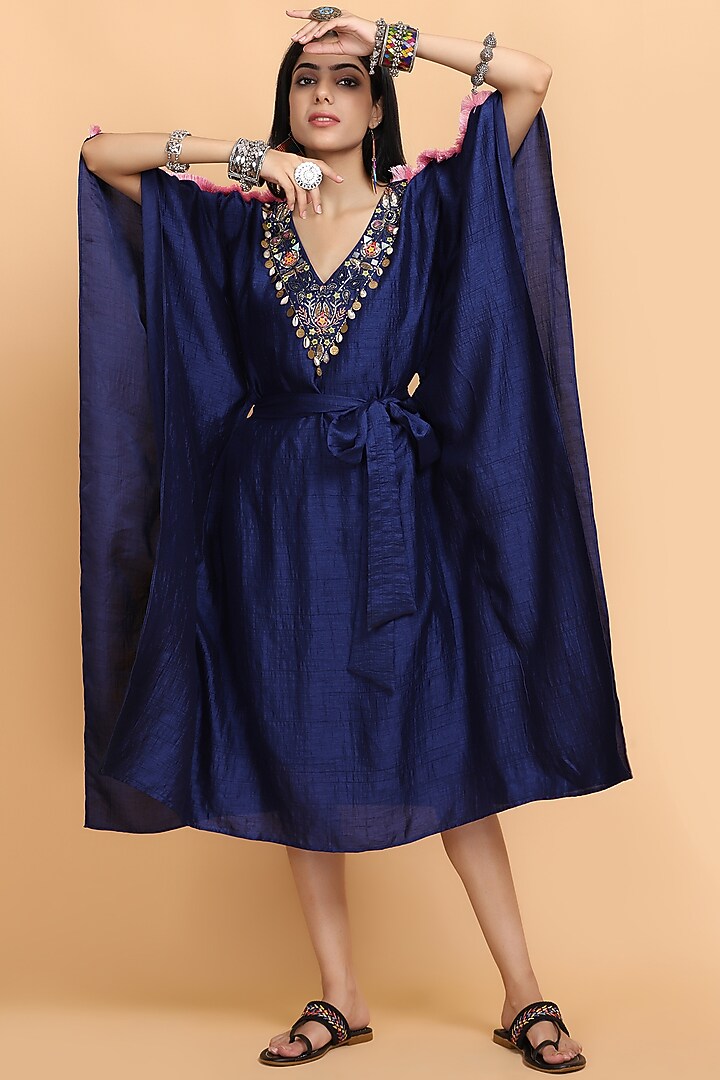 Electric Blue Silk Embroidered Kaftan by Arpita Sulakshana at Pernia's Pop Up Shop