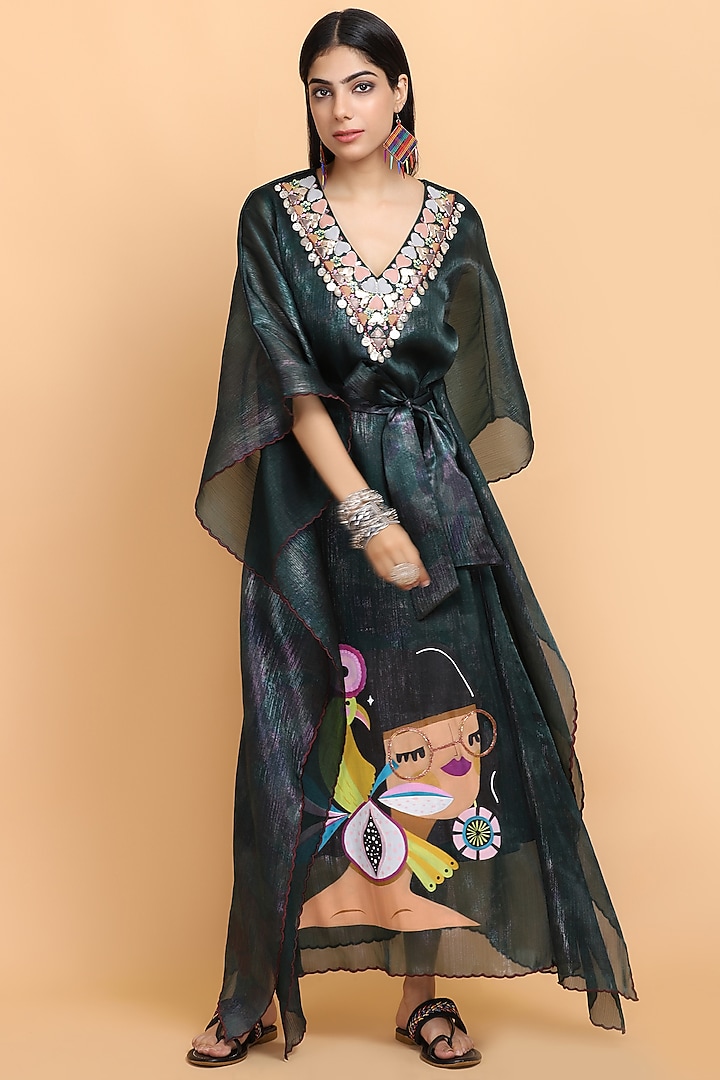 Bottle Green Embroidered Kaftan by Arpita Sulakshana at Pernia's Pop Up Shop