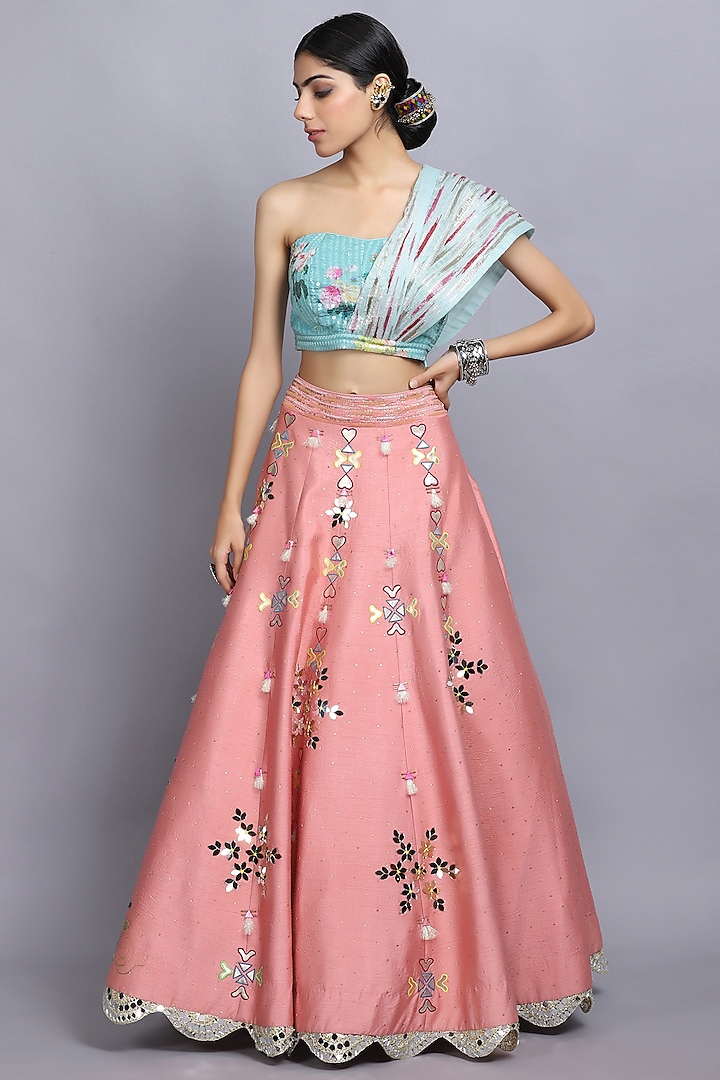 Peach Silk Embroidered Lehenga Set by Arpita Sulakshana