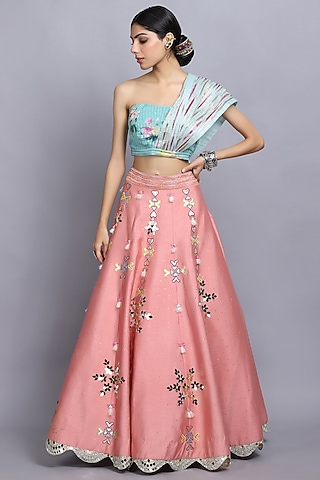 Peach Silk Embroidered Lehenga Set by Arpita Sulakshana