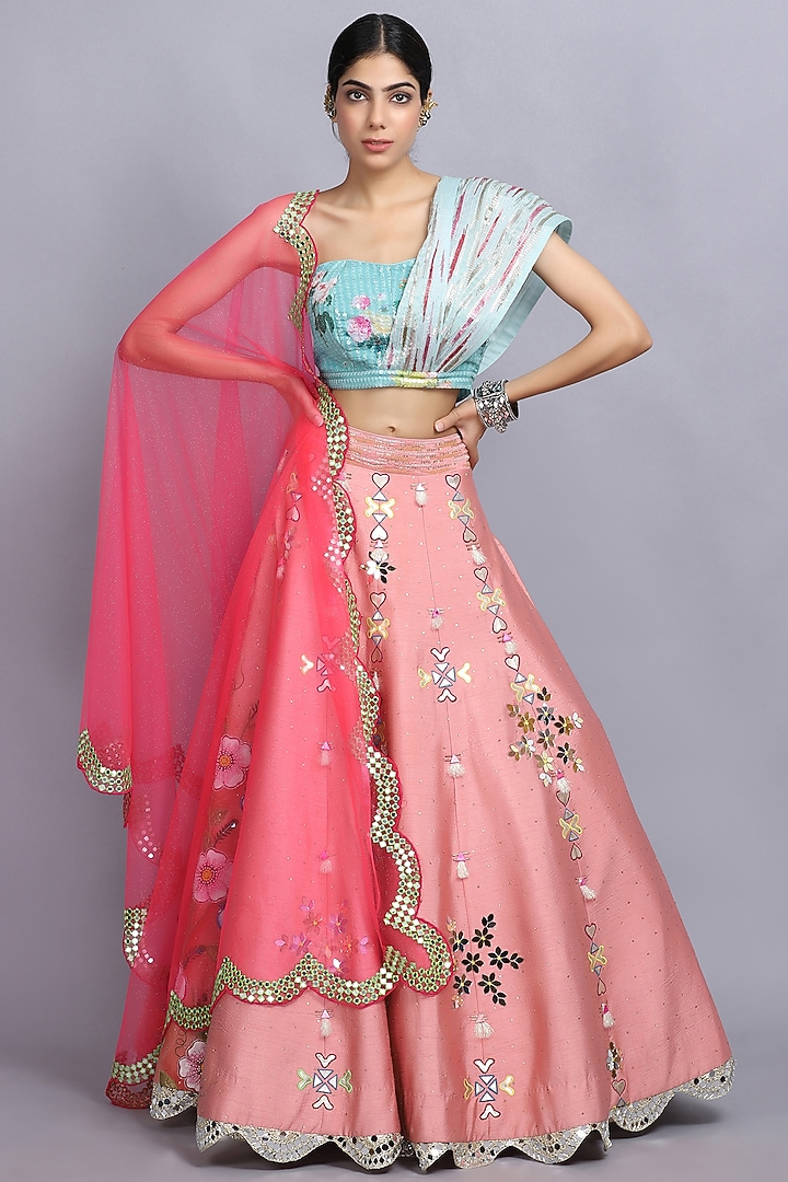 Peach Silk Embroidered Wedding Lehenga Set by Arpita Sulakshana at Pernia's Pop Up Shop