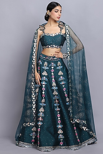 Teal Blue Embroidered Wedding Lehenga Set by Arpita Sulakshana at Pernia's Pop Up Shop
