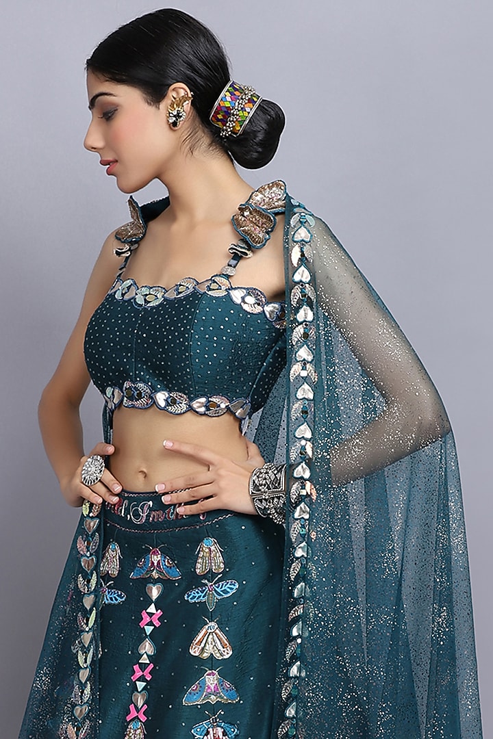 Teal Blue Embroidered Wedding Lehenga Set by Arpita Sulakshana at Pernia's Pop Up Shop