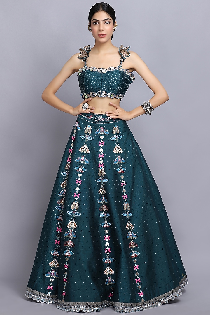 Teal Blue Embroidered Wedding Lehenga Set by Arpita Sulakshana at Pernia's Pop Up Shop