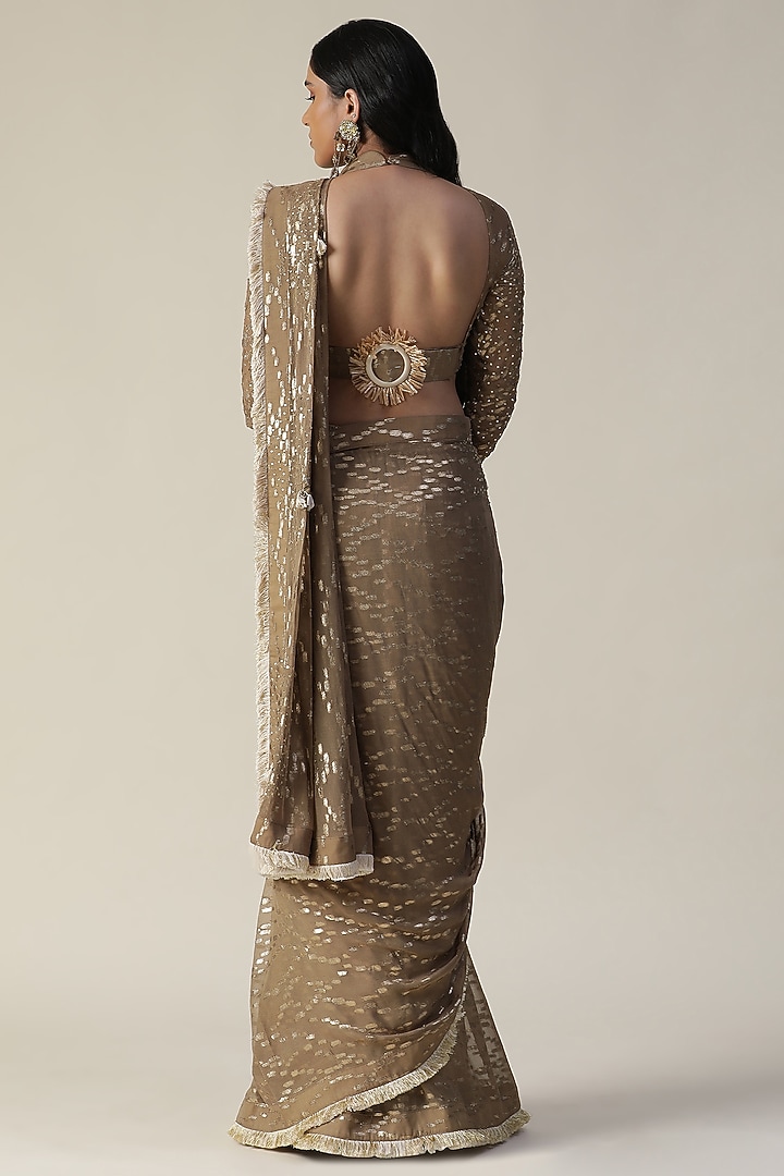 Tan Georgette Pre-Draped Wedding Saree Set by Arpita Sulakshana at Pernia's Pop Up Shop