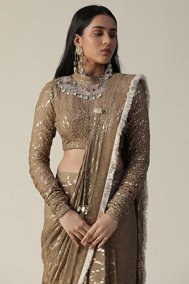 Tan Georgette Pre-Draped Wedding Saree Set by Arpita Sulakshana at Pernia's Pop Up Shop