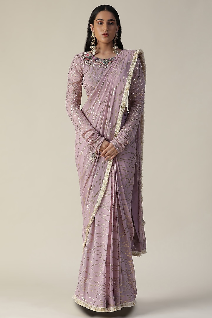 Lilac Georgette Pre-Draped Saree Set by Arpita Sulakshana