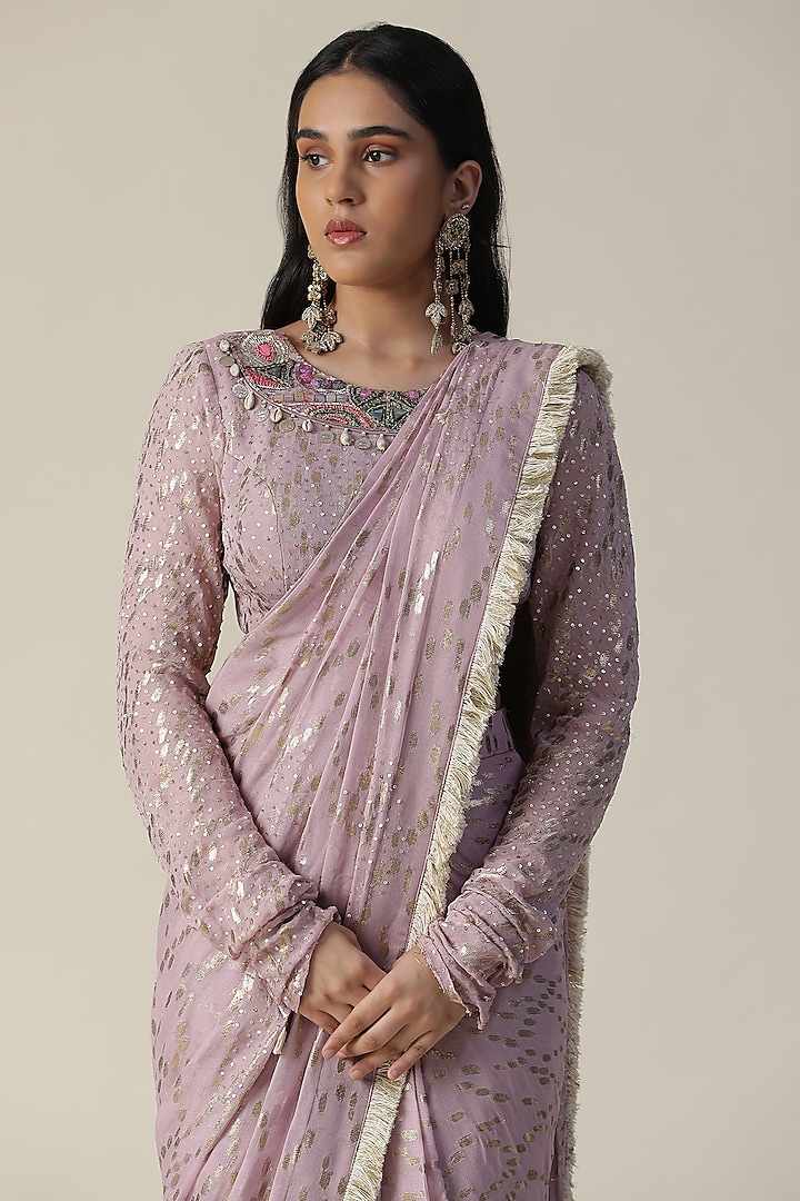 Lilac Georgette Pre-Draped Wedding Saree Set by Arpita Sulakshana at Pernia's Pop Up Shop
