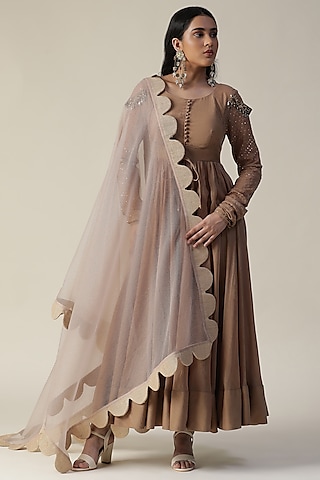 Cocoa Brown Chanderi Anarkali Set by Arpita Sulakshana