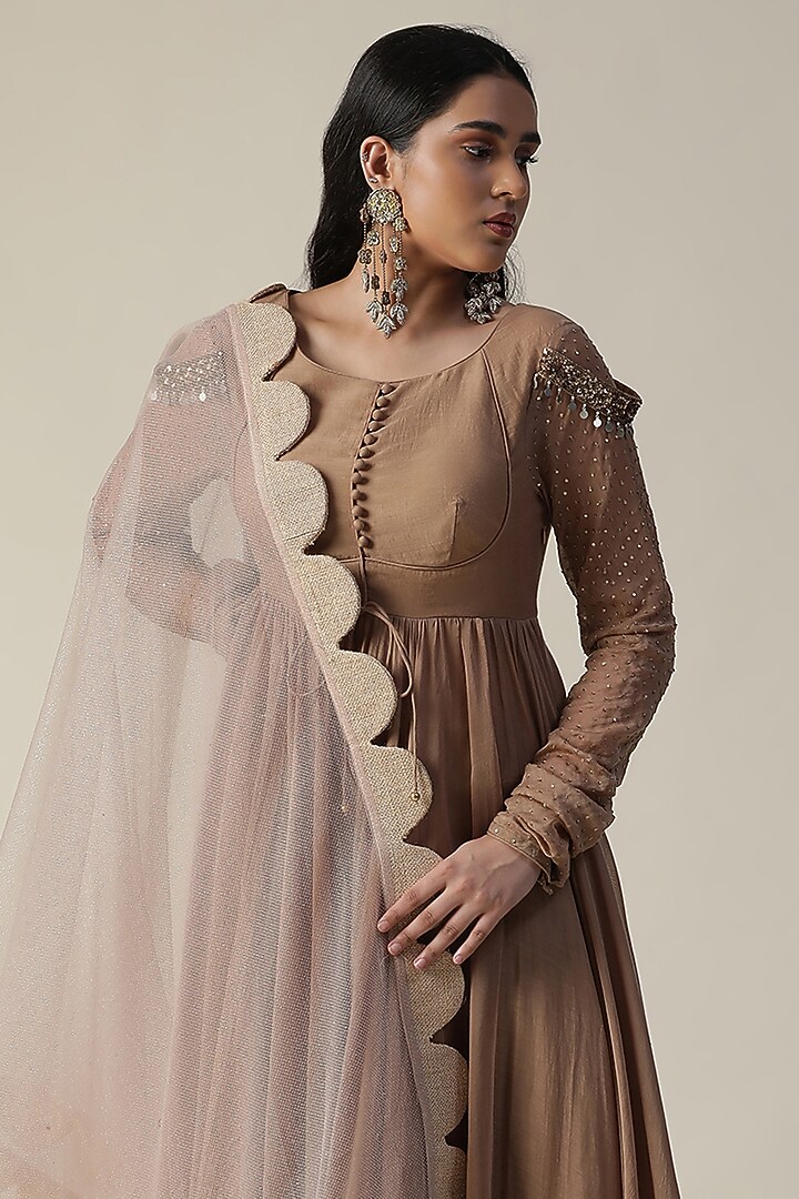 Cocoa Brown Chanderi Wedding Anarkali Set by Arpita Sulakshana at Pernia's Pop Up Shop
