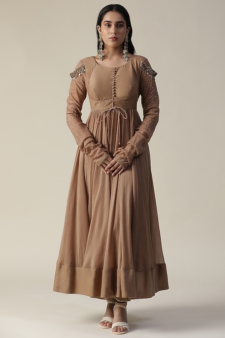 Cocoa Brown Chanderi Wedding Anarkali Set by Arpita Sulakshana at Pernia's Pop Up Shop