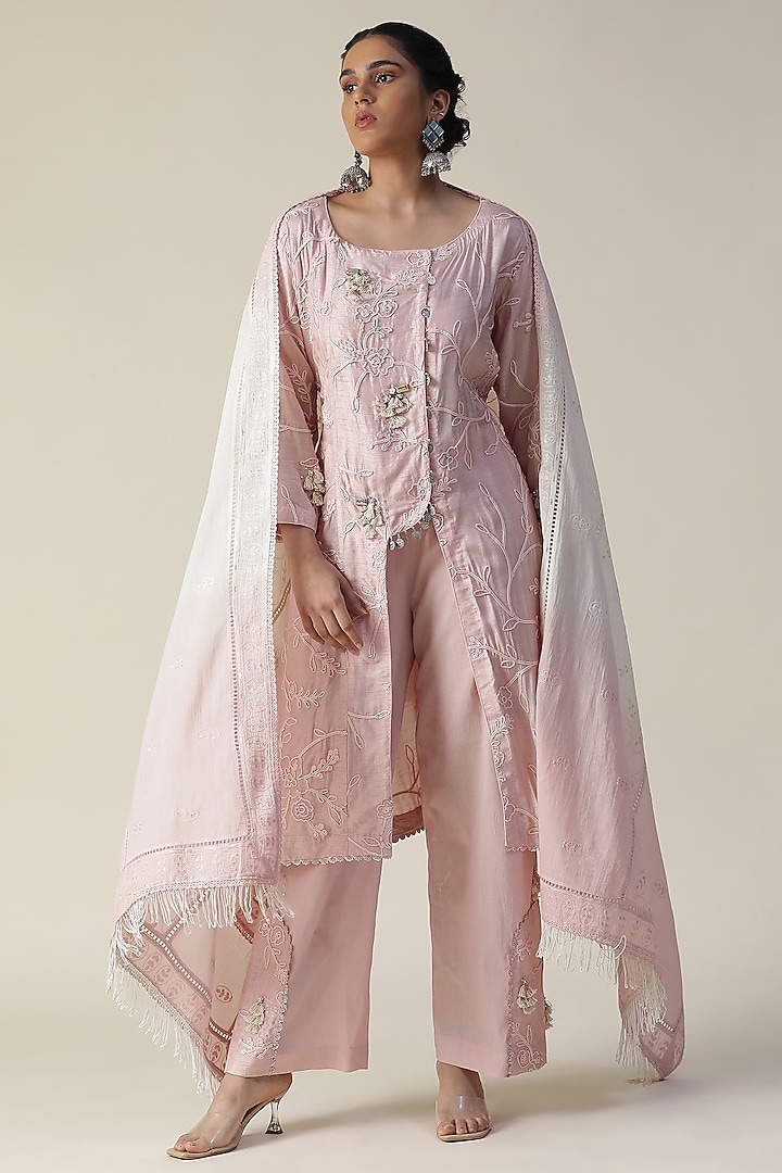 Pastel Pink Cotton Silk Embroidered Kurta Set by Arpita Sulakshana