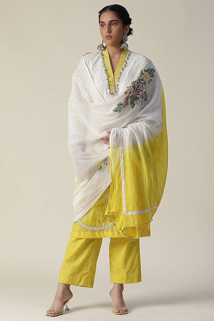 White & Yellow Cotton Silk Embroidered Ombre Kurta Set by Arpita Sulakshana at Pernia's Pop Up Shop