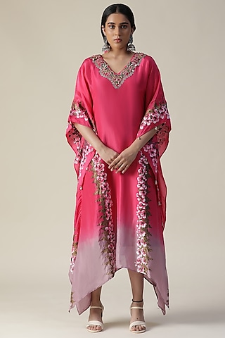 Hot Pink Georgette Hand-Painted Kaftan by Arpita Sulakshana