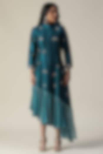 Teal Blue Raw Silk Embroidered Tunic by Arpita Sulakshana at Pernia's Pop Up Shop