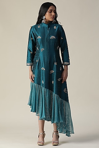 Teal Blue Raw Silk Embroidered Tunic by Arpita Sulakshana