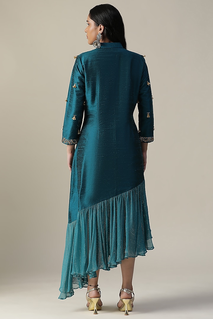 Teal Blue Raw Silk Embroidered Tunic by Arpita Sulakshana at Pernia's Pop Up Shop