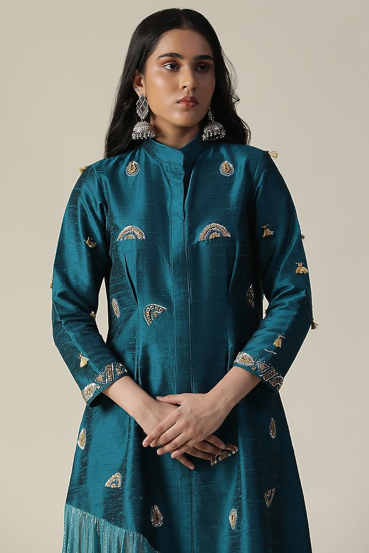 Teal Blue Raw Silk Embroidered Tunic by Arpita Sulakshana at Pernia's Pop Up Shop