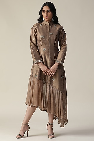 Cocoa Brown Raw Silk Embroidered Tunic by Arpita Sulakshana
