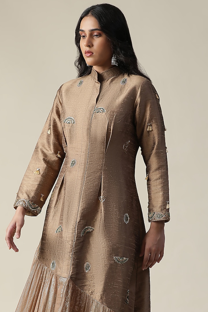 Cocoa Brown Raw Silk Embroidered Tunic by Arpita Sulakshana at Pernia's Pop Up Shop